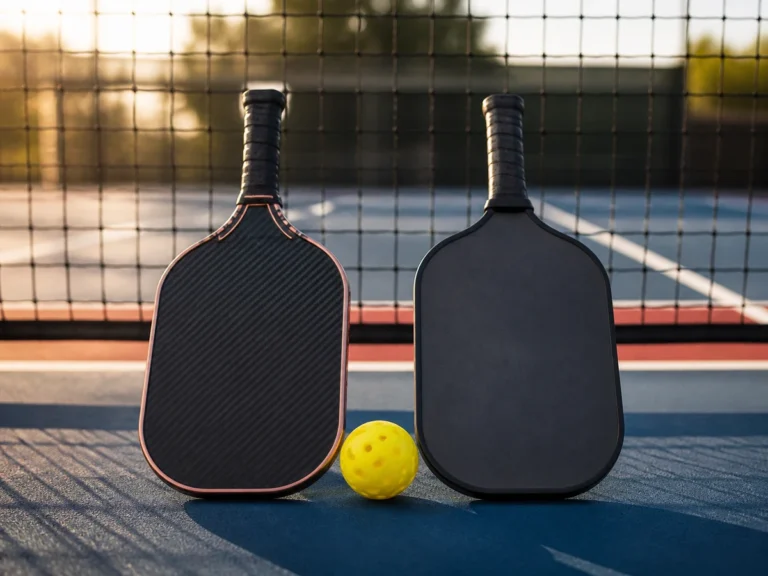 Two pickleball paddles and a yellow ball on an outdoor court