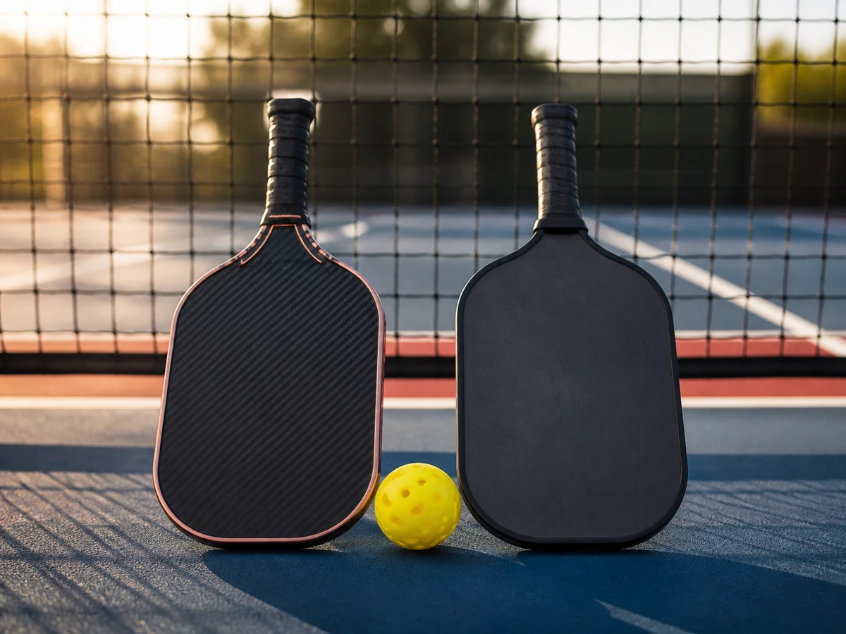Two pickleball paddles and a yellow ball on an outdoor court