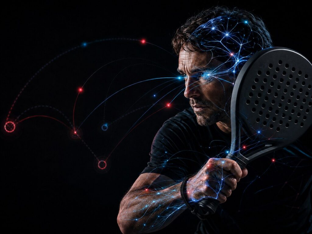 Illustration of a padel player preparing a shot, with a glowing brain and visual decision-making cues.