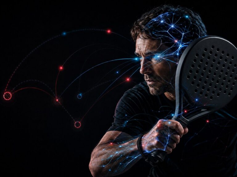 Illustration of a padel player preparing a shot, with a glowing brain and visual decision-making cues.
