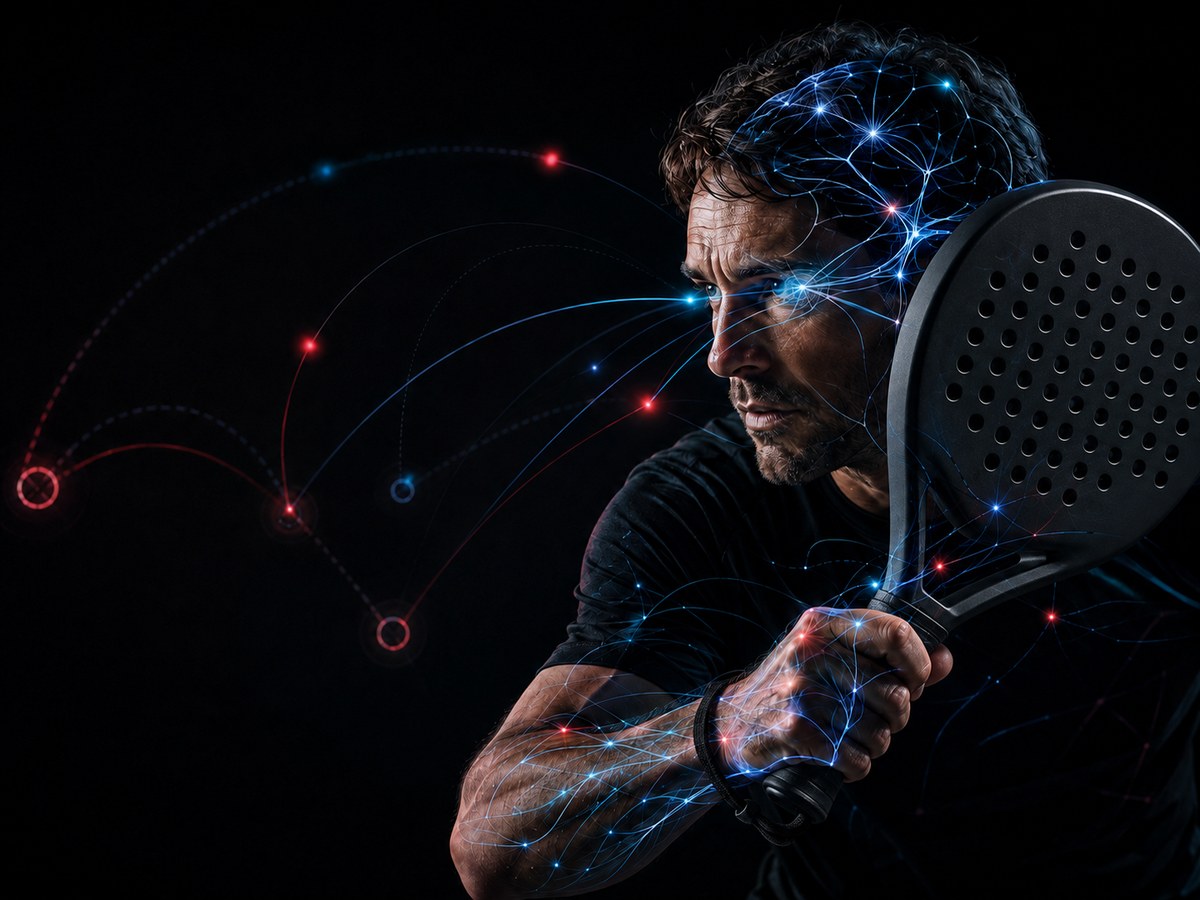 Illustration of a padel player preparing a shot, with a glowing brain and visual decision-making cues.