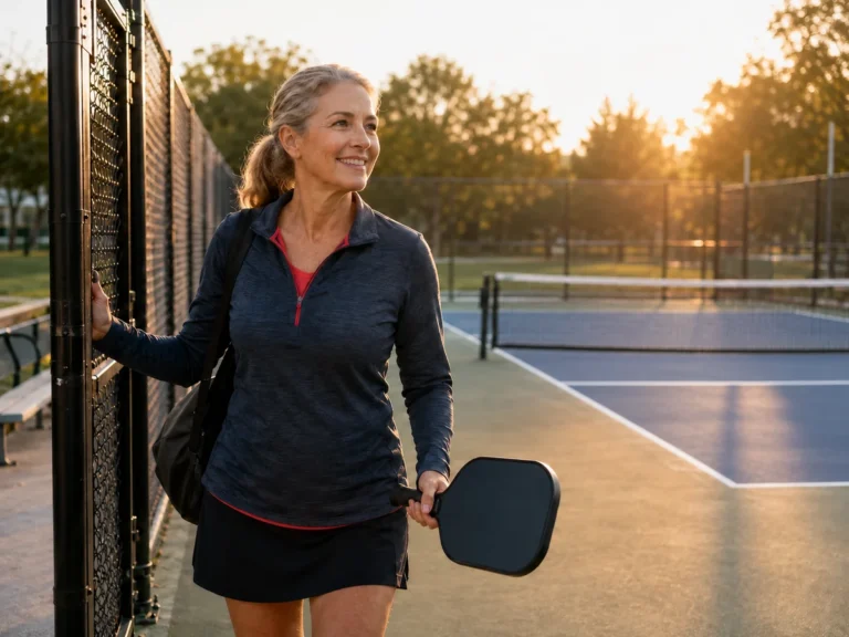 A midlife beginner carrying a paddle onto a community pickleball court.