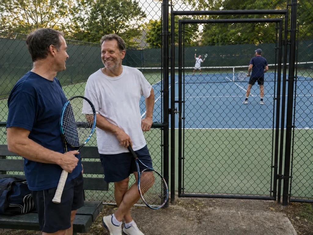 Two racket-sports players talking beside an outdoor court.