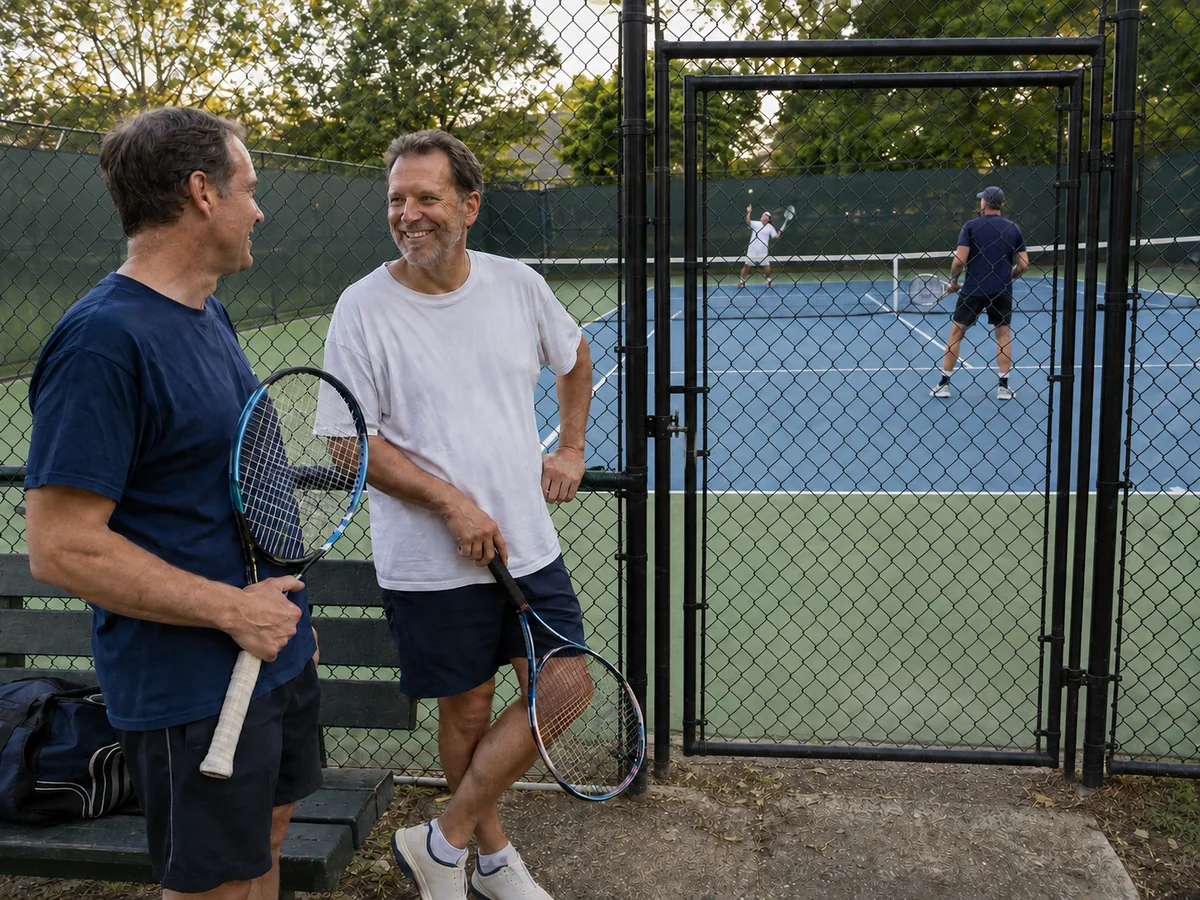 Two racket-sports players talking beside an outdoor court.