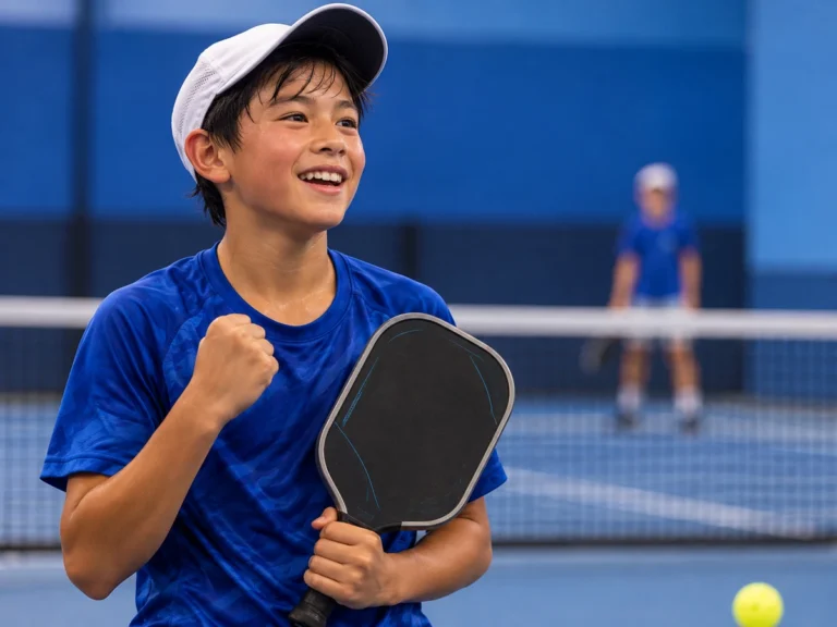Junior pickleball player on an indoor court