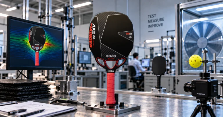 KOBO THUNDER AXE Infinity paddle with three air channels, shown in an illustrative paddle-testing laboratory setting.